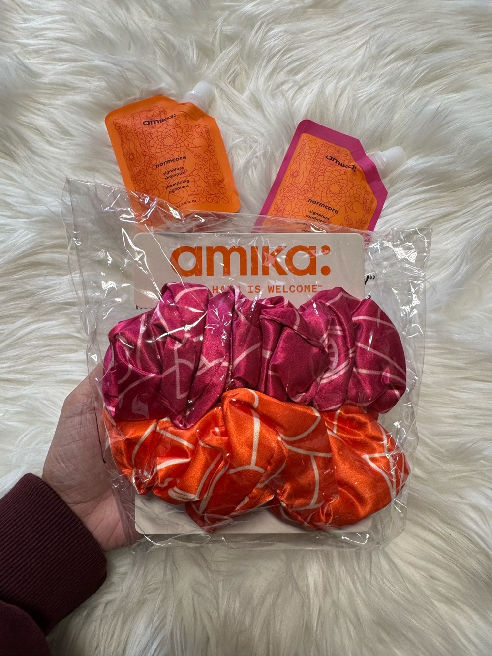 amika normcore signature hair travel set w/ scrunchies, shampoo, and conditioner